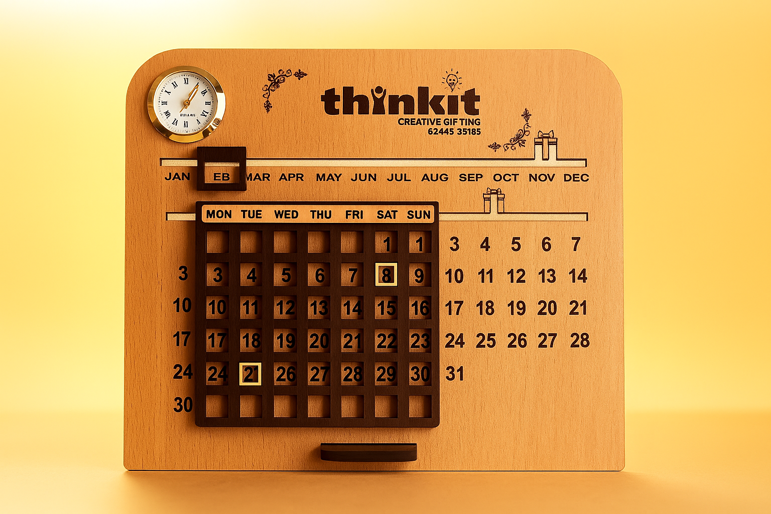 Thinkit Customized Wooden Perpetual Calendar with Mini Clock – Add Logo & Message