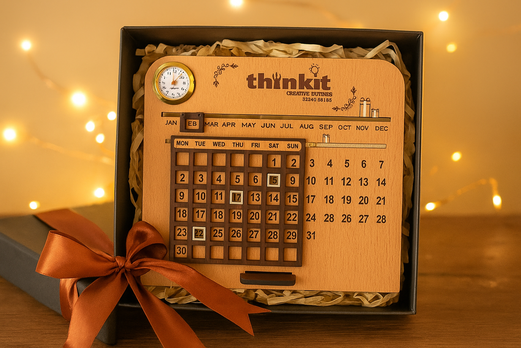 Thinkit Customized Wooden Perpetual Calendar with Mini Clock – Add Logo & Message