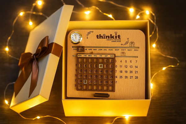 Thinkit Customized Wooden Perpetual Calendar with Mini Clock – Add Logo & Message