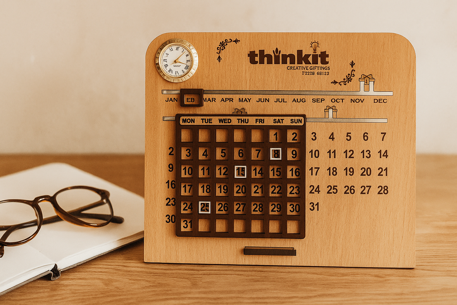 Thinkit Customized Wooden Perpetual Calendar with Mini Clock – Add Logo & Message