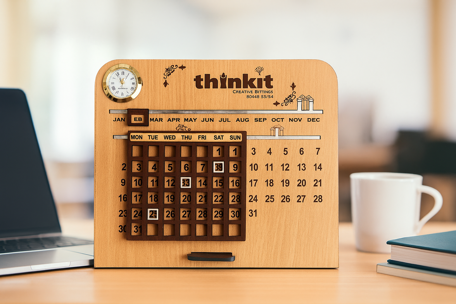 Thinkit Customized Wooden Perpetual Calendar with Mini Clock – Add Logo & Message