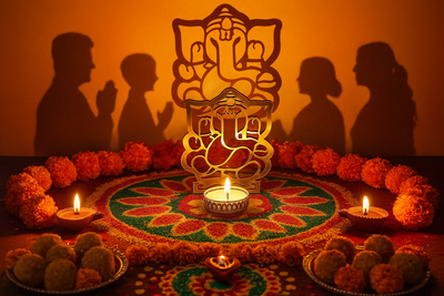 Premium Ganesha Shadow Tea Light Diya Holder for Positive Energy, Décor, and Gifting