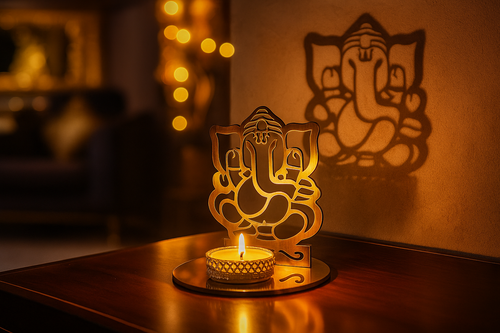 Premium Ganesha Shadow Tea Light Diya Holder for Positive Energy, Décor, and Gifting