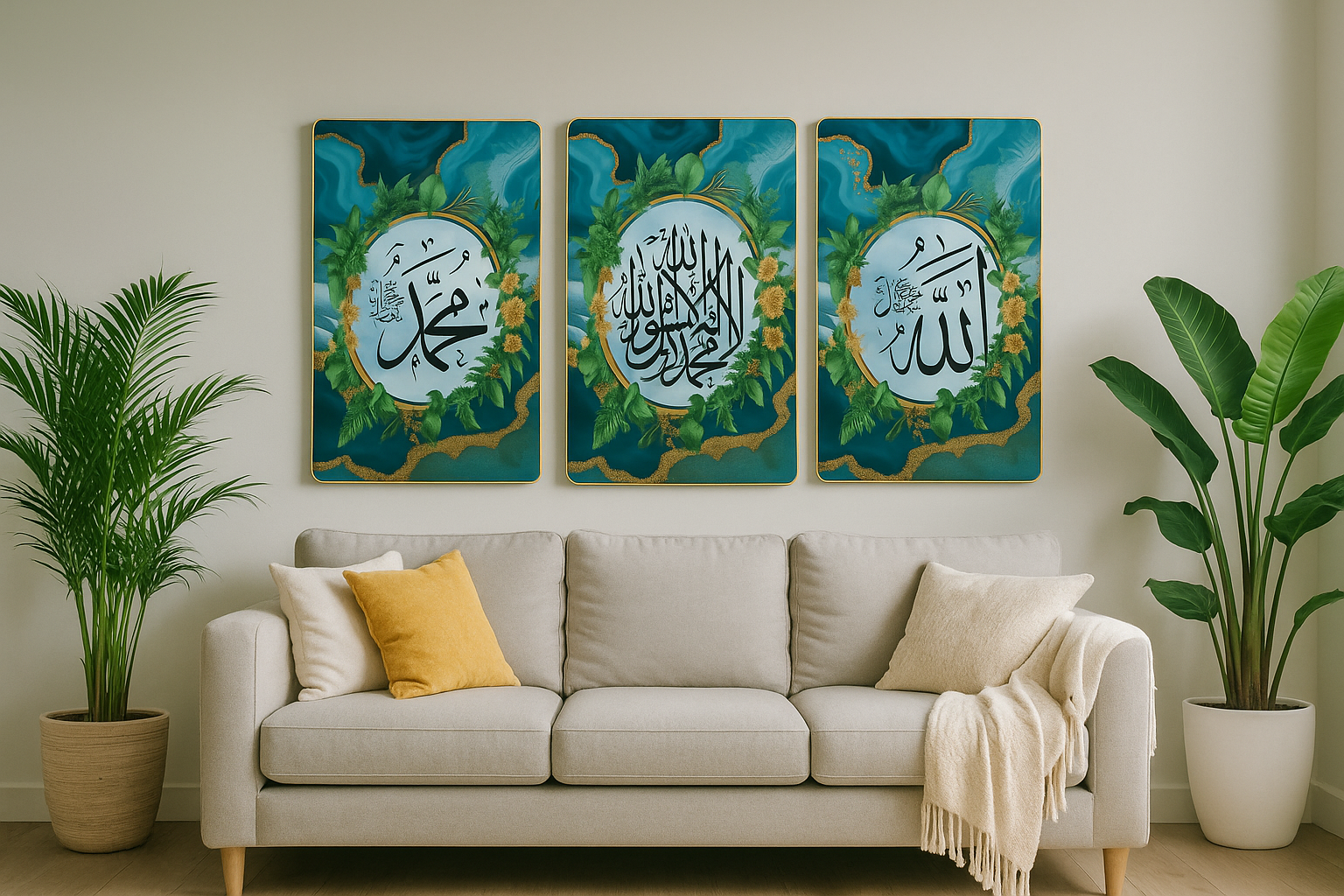 Premium Islamic Wall Art Set – Allah, Muhammad ﷺ & Shahada Calligraphy (3 Frames, 12x18 Inch)